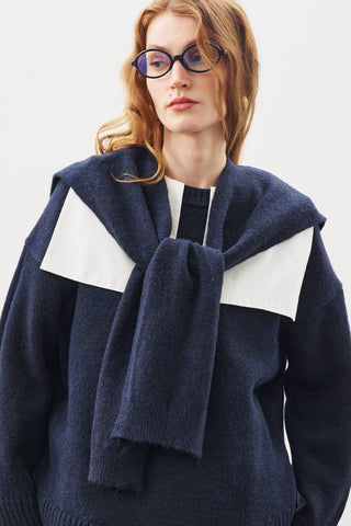 Wide-Collar Knit Scarf Navy Blue