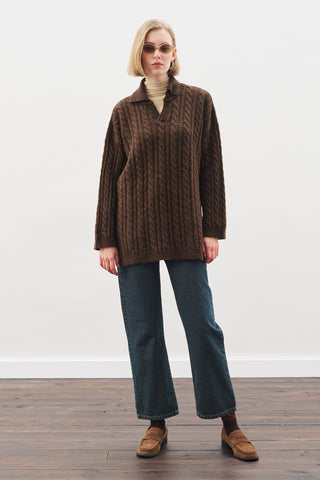 Cable-Knit Sweater With Collar Brown