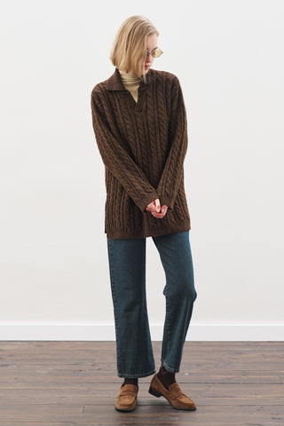 Cable-Knit Sweater With Collar Brown