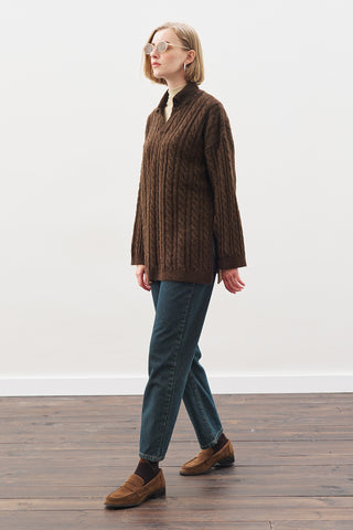 Cable-Knit Sweater With Collar Brown