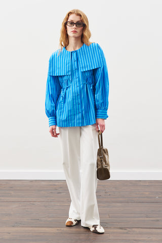 Belted Wide-Collar Shirt Blue Strıped