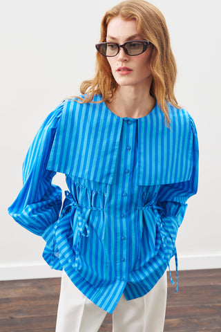 Belted Wide-Collar Shirt Blue Strıped