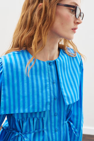 Belted Wide-Collar Shirt Blue Strıped