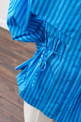 Belted Wide-Collar Shirt Blue Strıped