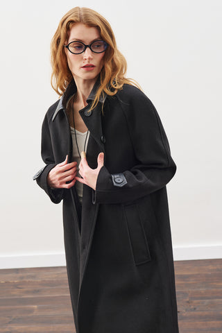 Wool Coat With Leather Details Black