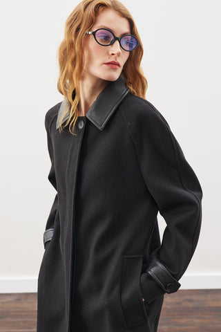Wool Coat With Leather Details Black