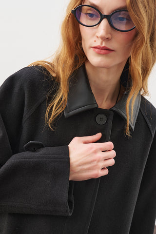 Wool Coat With Leather Details Black
