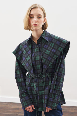 Oversized Shirt With Triangle Scarf Navy Checkered