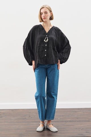 Linen Crush Buttoned Blouse Black