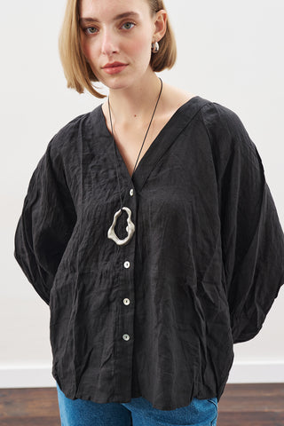 Linen Crush Buttoned Blouse Black