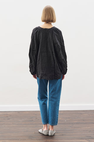 Linen Crush Buttoned Blouse Black