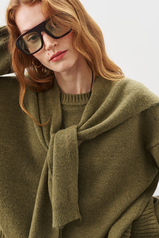 Wide-Collar Knit Scarf Dark Green
