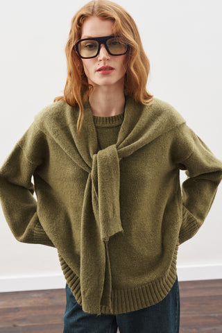 Wide-Collar Knit Scarf Dark Green