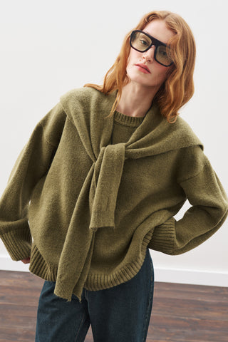 Wide-Collar Knit Scarf Dark Green