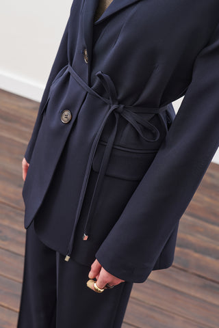 Belted Single-Button Blazer Navy Blue