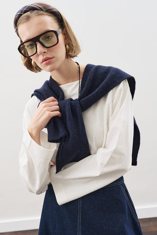 Wide-Collar Knit Scarf Navy Blue