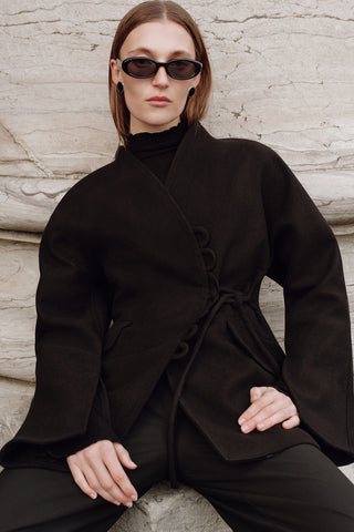 Aroa Tie-Detail Wool Coat Black