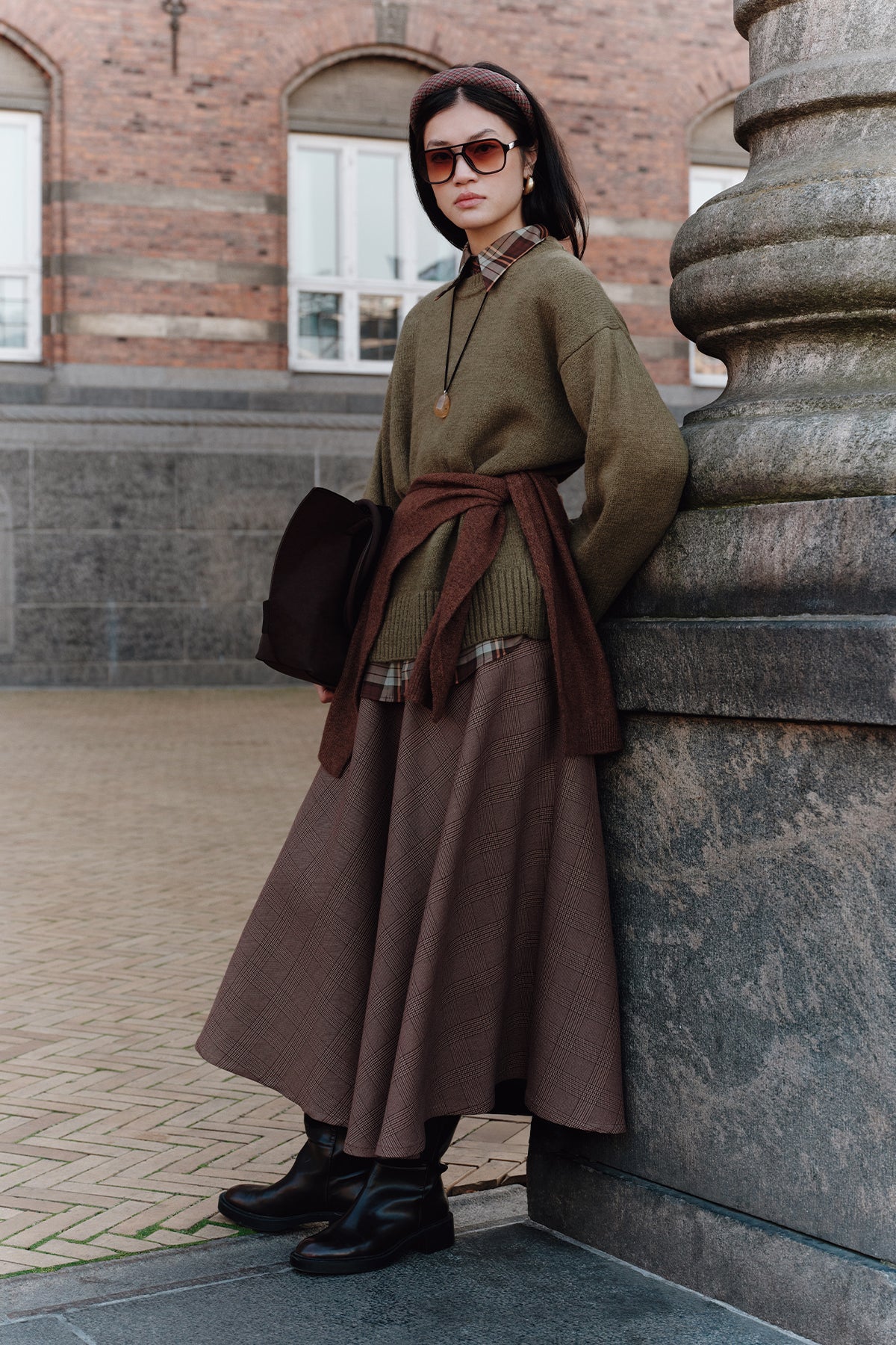 Checked Flared Skirt Burgundy