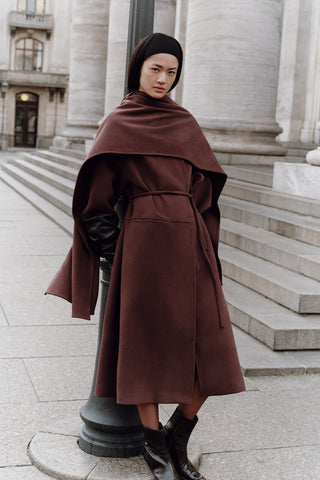 Soft Wool Coat With Scarf Damson