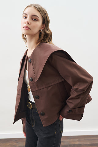 Wide-Collar Gabardine Jacket Chocolate
