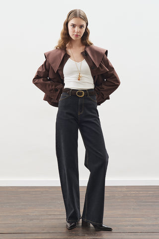 Wide-Collar Gabardine Jacket Chocolate