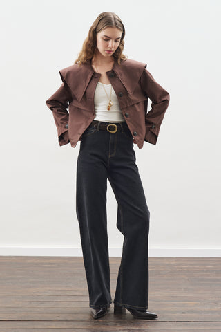 Wide-Collar Gabardine Jacket Chocolate
