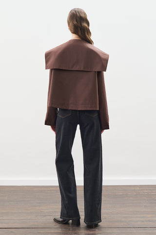 Wide-Collar Gabardine Jacket Chocolate