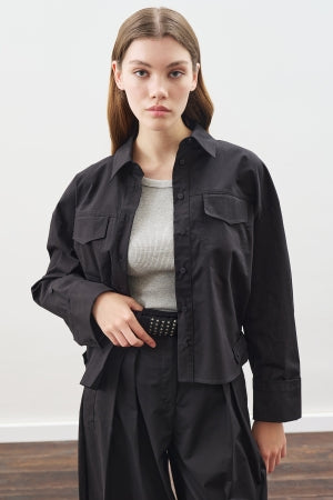 Stitch Detail Bomber Shirt Black