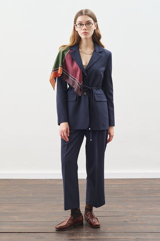 Belted Single-Button Blazer Navy Blue