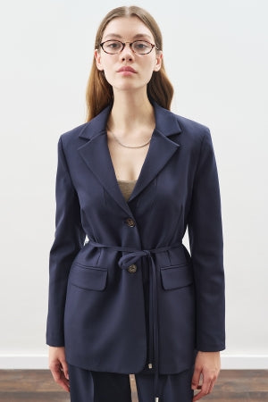 Belted Single-Button Blazer Navy Blue