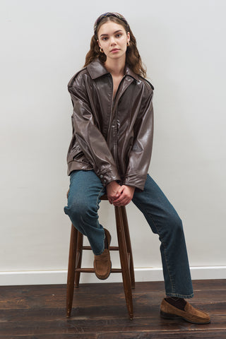 Retro Oversized Leather Jacket Dark Brown
