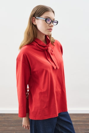 High Neck Tie Blouse Red