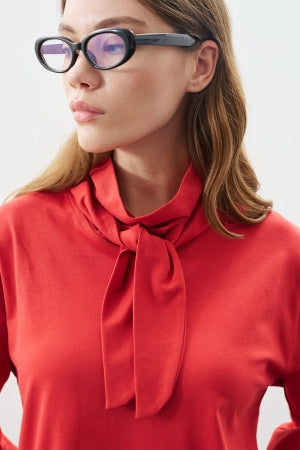 High Neck Tie Blouse Red