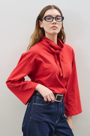 High Neck Tie Blouse Red
