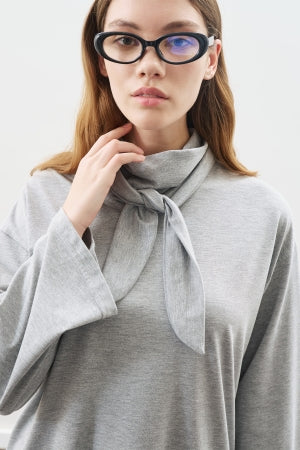 High Neck Tie Blouse Grey Melange