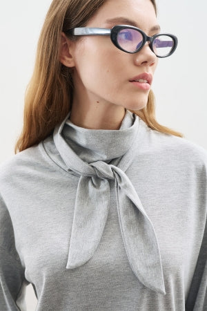 High Neck Tie Blouse Grey Melange