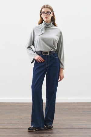 High Neck Tie Blouse Grey Melange