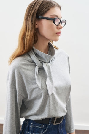 High Neck Tie Blouse Grey Melange