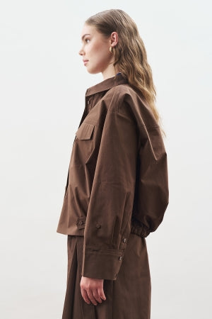 Stitch Detail Bomber Shirt Brown