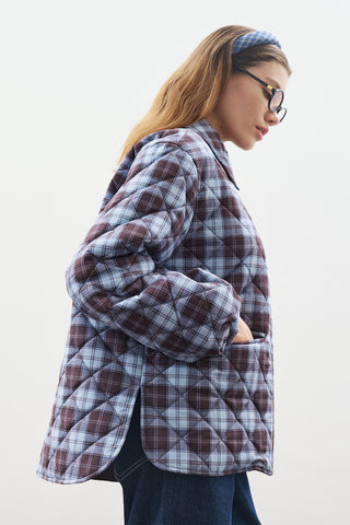 Quilted Jacket With Balloon Sleeves Plaid Patterned