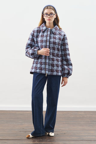 Quilted Jacket With Balloon Sleeves Plaid Patterned