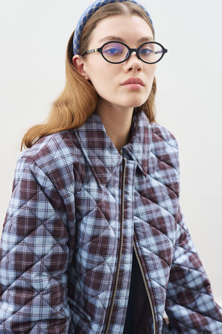 Quilted Jacket With Balloon Sleeves Plaid Patterned
