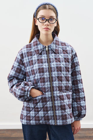 Quilted Jacket With Balloon Sleeves Plaid Patterned