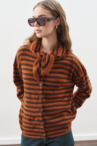 Striped Cardigan With Scarf Detail Brown