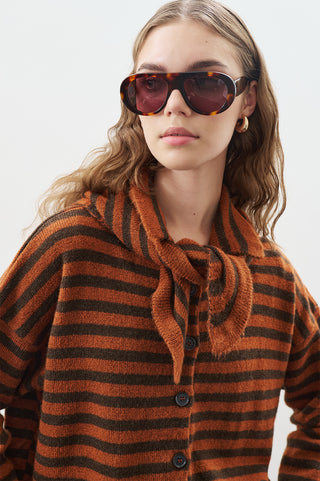 Striped Cardigan With Scarf Detail Brown