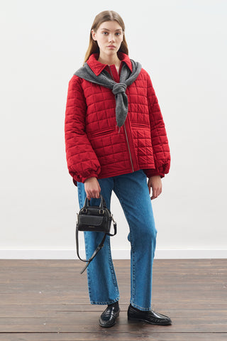 Quilted Jacket With Balloon Sleeves Red