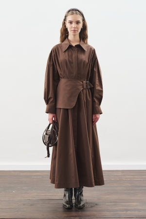 Pleated Belted Dress Brown