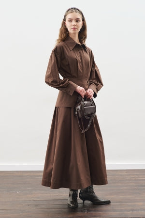 Pleated Belted Dress Brown