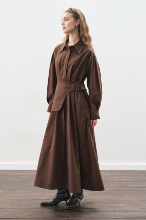 Pleated Belted Dress Brown