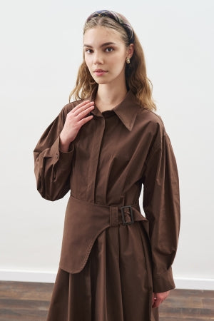 Pleated Belted Dress Brown